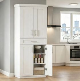 White Kitchen Pantry Cabinet with Adjustable Shelves & Storage Drawer