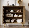Rustic Basket Weave Storage Cabinet with Adjustable Shelves & Oak Legs