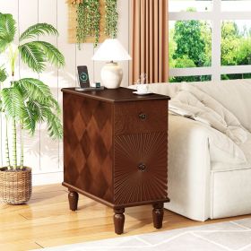 Walnut Nightstand / Side Table with Charging Station & 2 Storage Drawers