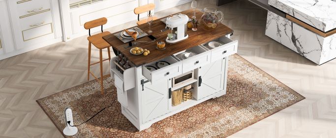Farmhouse Rolling Kitchen Island with Drop Leaf & Power Outlet, White