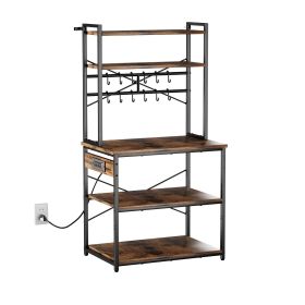 Kitchen Bakers Rack, 5 ft Power Cable Bakers Rack with Power Outlet, Kitchen Stand with X-Shaped Support Bar, 12 S-Shaped Hooks