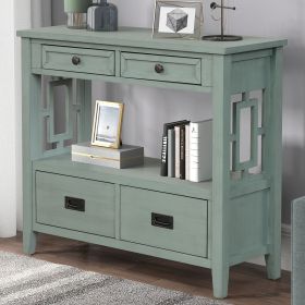 Vintage Console Table with 4 Drawers & Open Shelf – Solid Wood Entryway Storage Table
