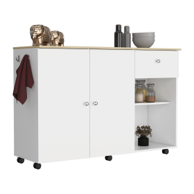 Kitchen Island Cart, Six Carter, One Drawer, Double Door Cabinet, Two External Shelves, Four Interior Shelves, White / Pine