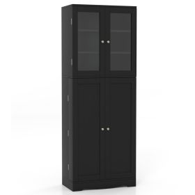 Tall Kitchen Pantry Cabinet with Dual Tempered Glass Doors and Shelves