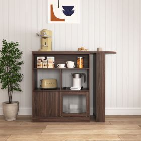 Modern Bar Cabinet with Rotating top, Counter Height Dining Cabinet with 6 Storage space and 2 Ribbed Glass Door for Kitchen