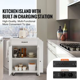 Kitchen Island Cart, 32" Mobile Carts with Storage Cabinet, Rolling Table with Power Outlet, Spice Rack, Towel Bar, Adjustable Shelf, Drawer