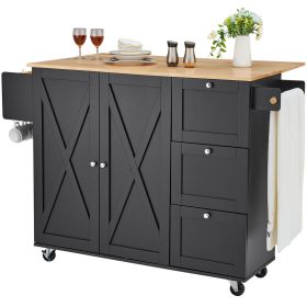 Kitchen Island Cart, 56" Wood Top Mobile Carts with Storage Cabinet, Rolling Table with Drop Leaf, Spice Rack, Towel Bar, Adjustable Shelf, Drawe
