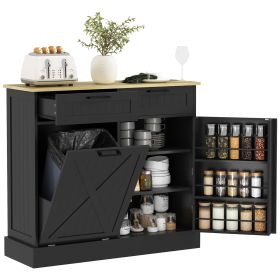 Farmhouse Hidden Trash Can Cabinet with Drawers, Spice Rack & Storage Shelves
