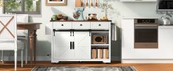 Farmhouse Rolling Kitchen Island with Drop Leaf & Power Outlet, White