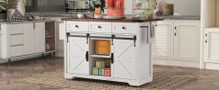 Farmhouse Rolling Kitchen Island with Drop Leaf & Power Outlet, White