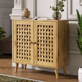 Rustic Basket Weave Storage Cabinet with Adjustable Shelves & Oak Legs