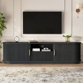 Fluted TV Stand with Sliding Doors & Storage Drawer for TVs Up to 75" (Color: Black)