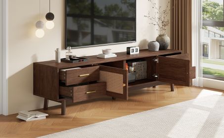 70 inch Rattan TV Stand with Storage Drawers (Color: Dark Brown)
