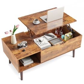 Lift Top Coffee Table with Hidden Storage & Open Shelves (Color: Brown)