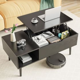 Lift Top Coffee Table with Hidden Storage & Open Shelves (Color: Black)