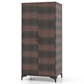 PE Rattan Wardrobe Armoire Cabinet with Hanging Rod & 4 Storage Cubes (Color: Brown)