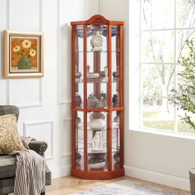 Traditional Lighted Corner Curio Cabinet with Glass Shelves & Doors (Color: Oak, Material: MDF+glass)