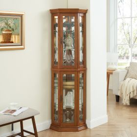 Illuminated Corner Curio Cabinet with Glass Doors & Adjustable Shelves (Color: Oak, Material: MDF+glass)