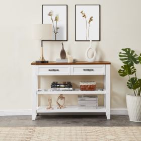 Retro Design Console Table with Two Open Shelves, Pine Solid Wood Frame and Legs for Living Room (Main Color: Brown+White, Main Material: Wood)