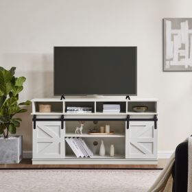 Farmhouse TV Stand with Sliding Barn Doors & 4 Drawers (Main Color: White, Main Material: MDF+Metal)